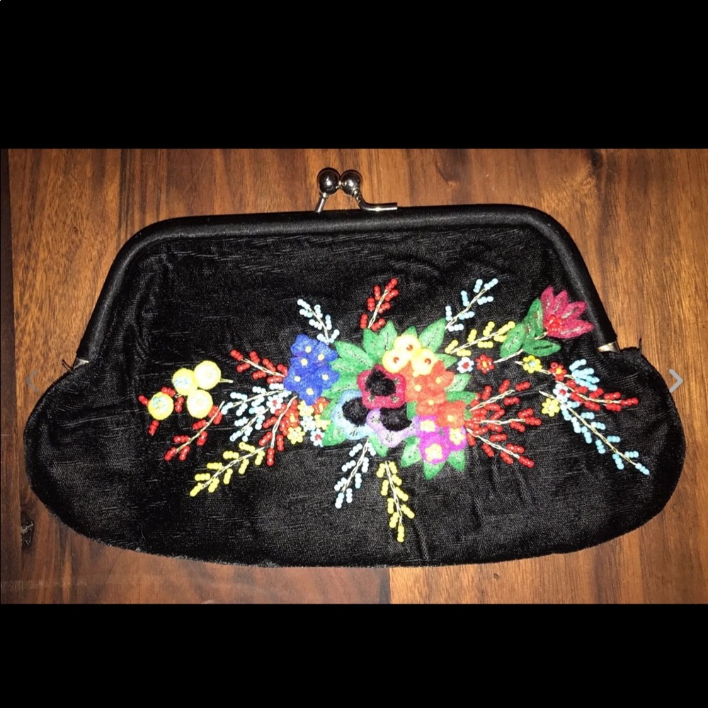 LuLu Guinness Applique Velvet KISS Lock Clutch Bag